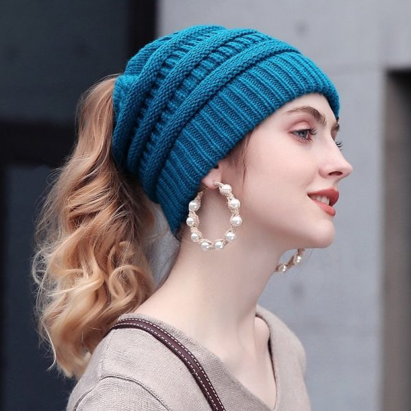 Turquoise Soft Knit Ponytail Beanie