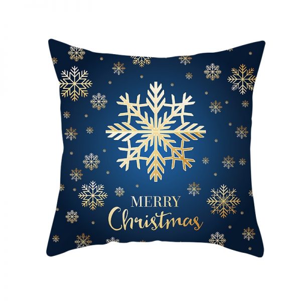 Merry Christmas Golden Snowflake Blue Pillow Cover