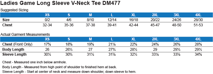 Ladies LS V-Neck T-Shirt Size Chart