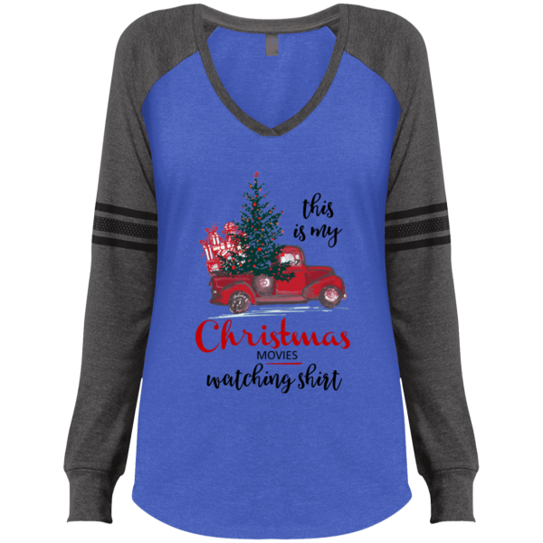 Christmas Movies Watching Ladies' Game LS V-Neck T-Shirt - Gray/Blue