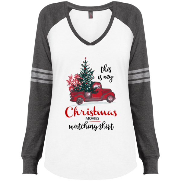 Christmas Movies Watching Ladies' Game LS V-Neck T-Shirt - Gray/White