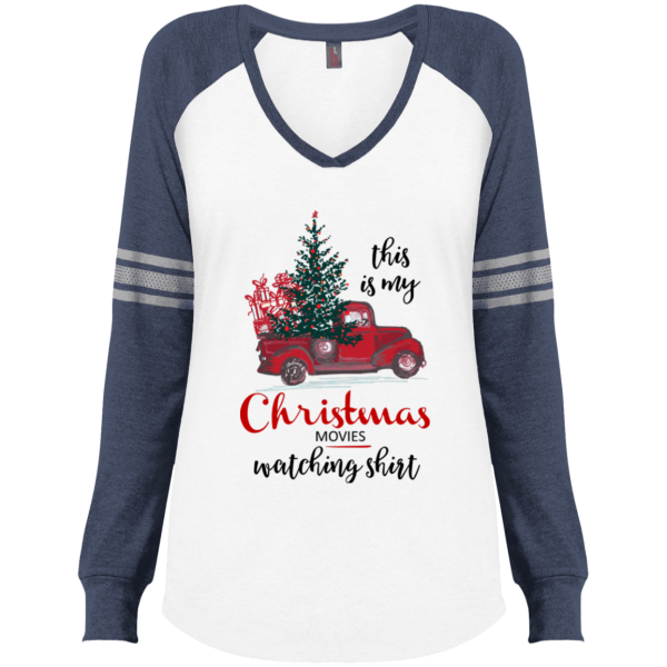 Christmas Movies Watching Ladies' Game LS V-Neck T-Shirt - Blue/White