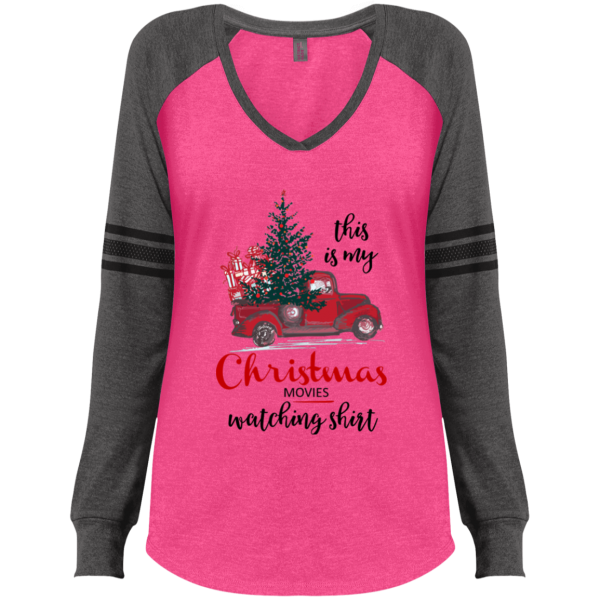 Christmas Movies Watching Ladies' Game LS V-Neck T-Shirt - Gray/Pink
